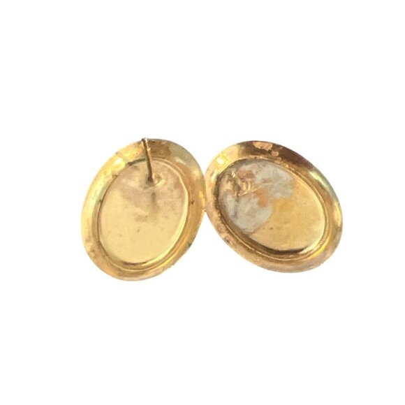 Vintage Gold Tone Leopard Jasper Stud Earrings Cabochon Domed Oval Estate .75" - Picture 4 of 5